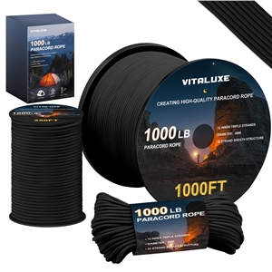 VITALUXE 1000Ib Paracord Rope, Tactical Parachute Cord with 12 Triple Strands, Heavy Duty Survival Gear for Camping, Hiking, Ideal for Bracelets, Lanyards, Diameter: 4MM, 1000FT, Black
