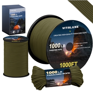 VITALUXE 1000Ib Paracord Rope, Tactical Parachute Cord with 12 Triple Strands, Heavy Duty Survival Gear for Camping, Hiking, Ideal for Bracelets, Lanyards, Diameter: 4MM, 1000FT, Army green