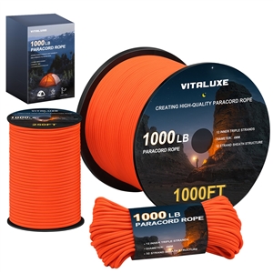VITALUXE 1000Ib Paracord Rope, Tactical Parachute Cord with 12 Triple Strands, Heavy Duty Survival Gear for Camping, Hiking, Ideal for Bracelets, Lanyards, Diameter: 4MM, 1000FT, Orange