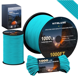 VITALUXE 1000Ib Paracord Rope, Tactical Parachute Cord with 12 Triple Strands, Heavy Duty Survival Gear for Camping, Hiking, Ideal for Bracelets, Lanyards, Diameter: 4MM, 1000FT, Blue