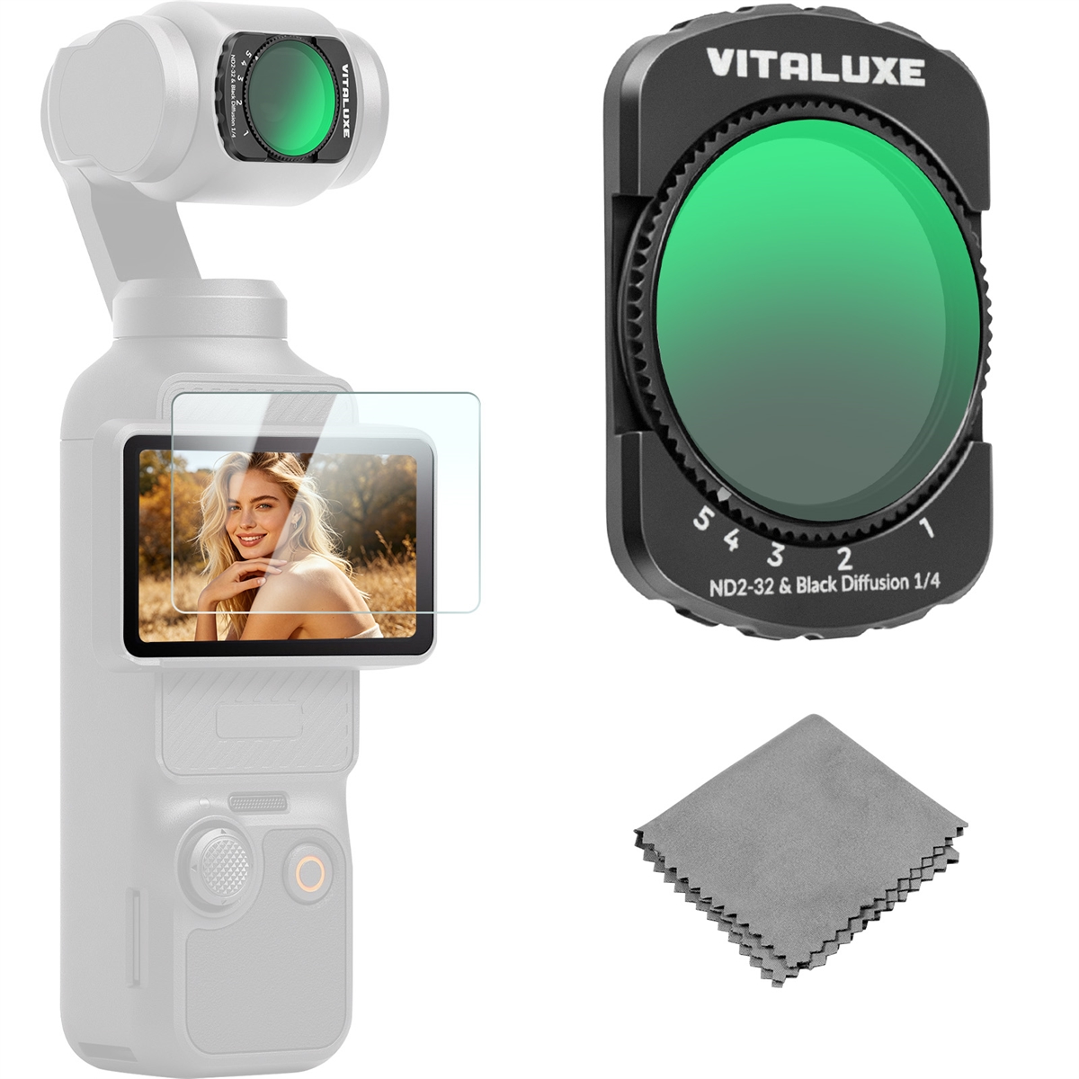 VITALUXE Variable ND2-32 & 1/4 Black Diffusion Filter Compatible with DJI Osmo Pocket 4/3 Creator Combo Accessories, 2 in 1 Multi-Coated Action Camera Filter with Screen Protector & Cleaning Cloth