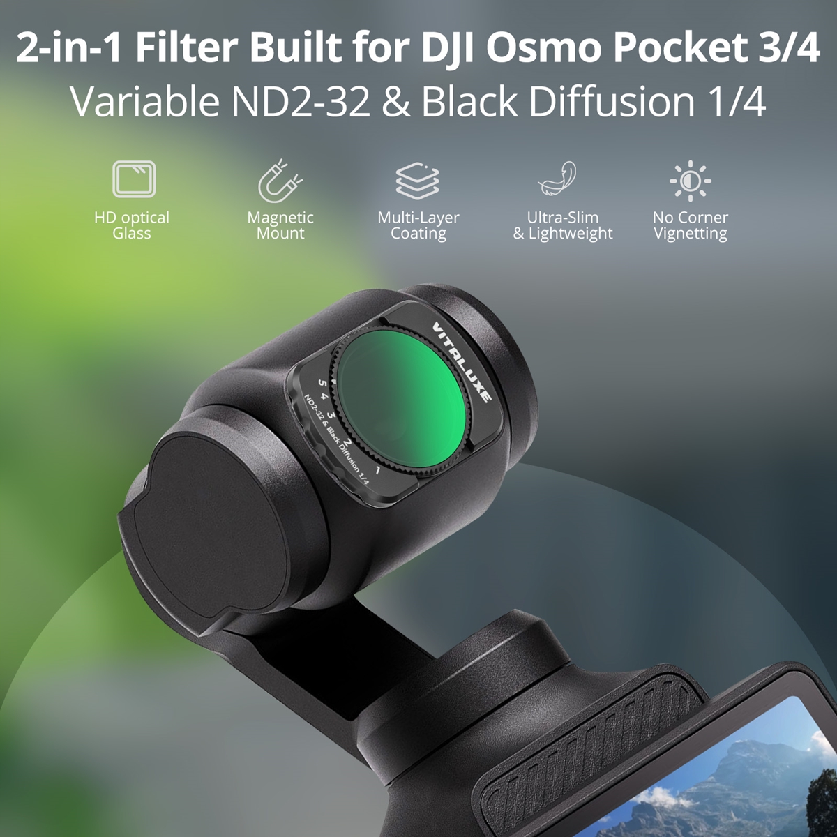 VITALUXE Variable ND2-32 & 1/4 Black Diffusion Filter Compatible with DJI Osmo Pocket 4/3 Creator Combo Accessories, 2 in 1 Multi-Coated Action Camera Filter with Screen Protector & Cleaning Cloth