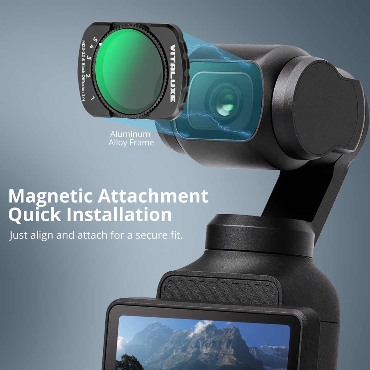 VITALUXE Variable ND2-32 & 1/4 Black Diffusion Filter Compatible with DJI Osmo Pocket 4/3 Creator Combo Accessories, 2 in 1 Multi-Coated Action Camera Filter with Screen Protector & Cleaning Cloth
