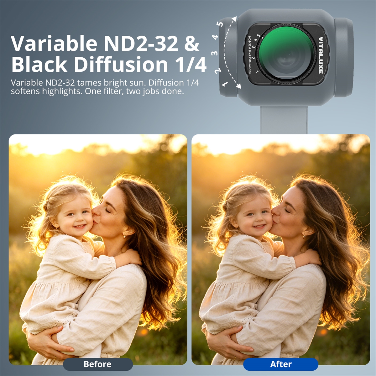 VITALUXE Variable ND2-32 & 1/4 Black Diffusion Filter Compatible with DJI Osmo Pocket 4/3 Creator Combo Accessories, 2 in 1 Multi-Coated Action Camera Filter with Screen Protector & Cleaning Cloth