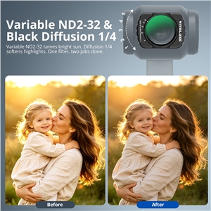 VITALUXE Variable ND2-32 & 1/4 Black Diffusion Filter Compatible with DJI Osmo Pocket 4/3 Creator Combo Accessories, 2 in 1 Multi-Coated Action Camera Filter with Screen Protector & Cleaning Cloth