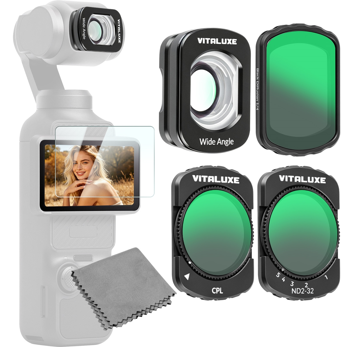 VUTALUXE CPL Black Diffusion 1/4 VND2-32 Filter Wide Angle Lens for DJI Osmo Pocket 3 / Osmo Pocket 4, 4 Pack Magnetic Wide Angle Lens & Effect & ND & CPL Filter Set for Pocket 3/4 Accessories