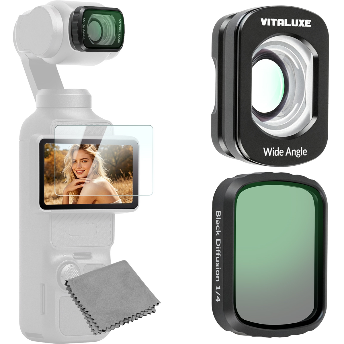 VITALUXE 1/4 Black Diffusion Filter + Wide Angle Lens for DJI Osmo Pocket 3 / Pocket 4, Magnetic Wide Angle Lens Black Diffusion 1/4 Effect Filter for Osmo Pocket 3 / 4 Accessories
