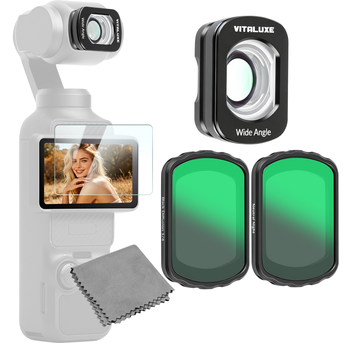 VITALUXE Wide Angle Lens Black Diffusion 1/4 Neutral Night Filter for DJI Osmo Pocket 3 / Pocket 4, Magnetic Anti-Light Pollution Cinematic Wide Lens Optical Glass/Multi-Coated Filters