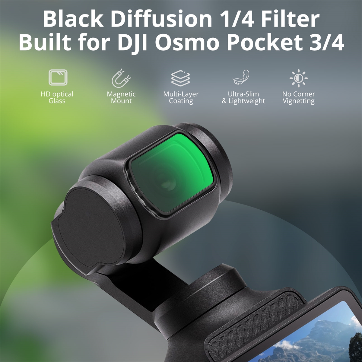 VITALUXE Wide Angle Lens Black Diffusion 1/4 Neutral Night Filter for DJI Osmo Pocket 3 / Pocket 4, Magnetic Anti-Light Pollution Cinematic Wide Lens Optical Glass/Multi-Coated Filters