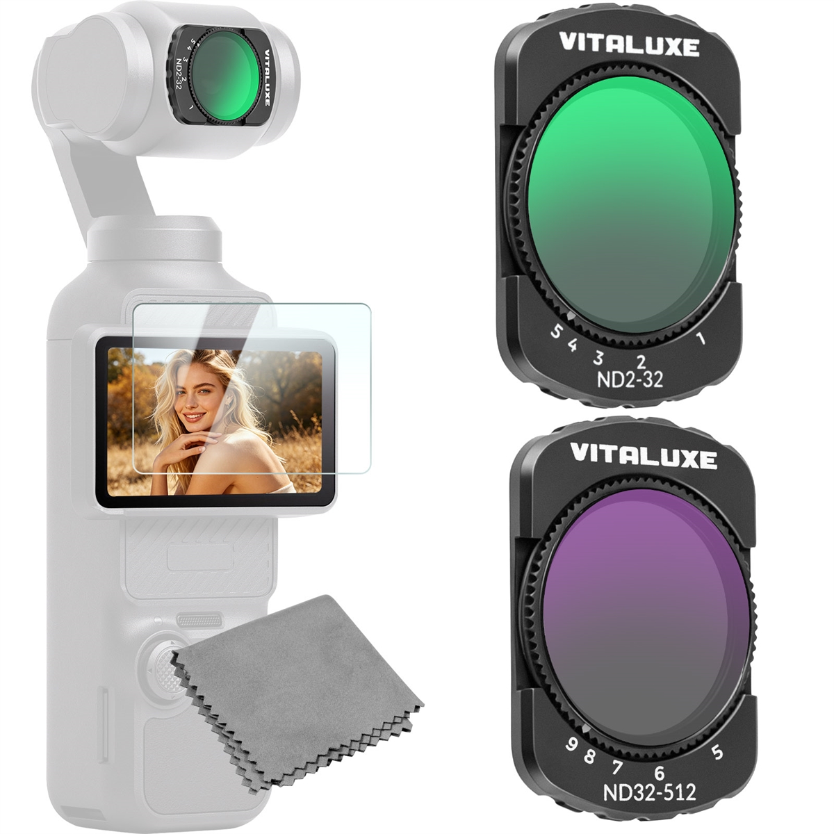 VITALUXE Variable ND 2-32 & ND 32-512 Filter for DJI Osmo Pocket 3 / Osmo Pocket 4, Magnetic Limited Stops Neutral Density Filters, Action Camera Pocket 3/4 Accessories