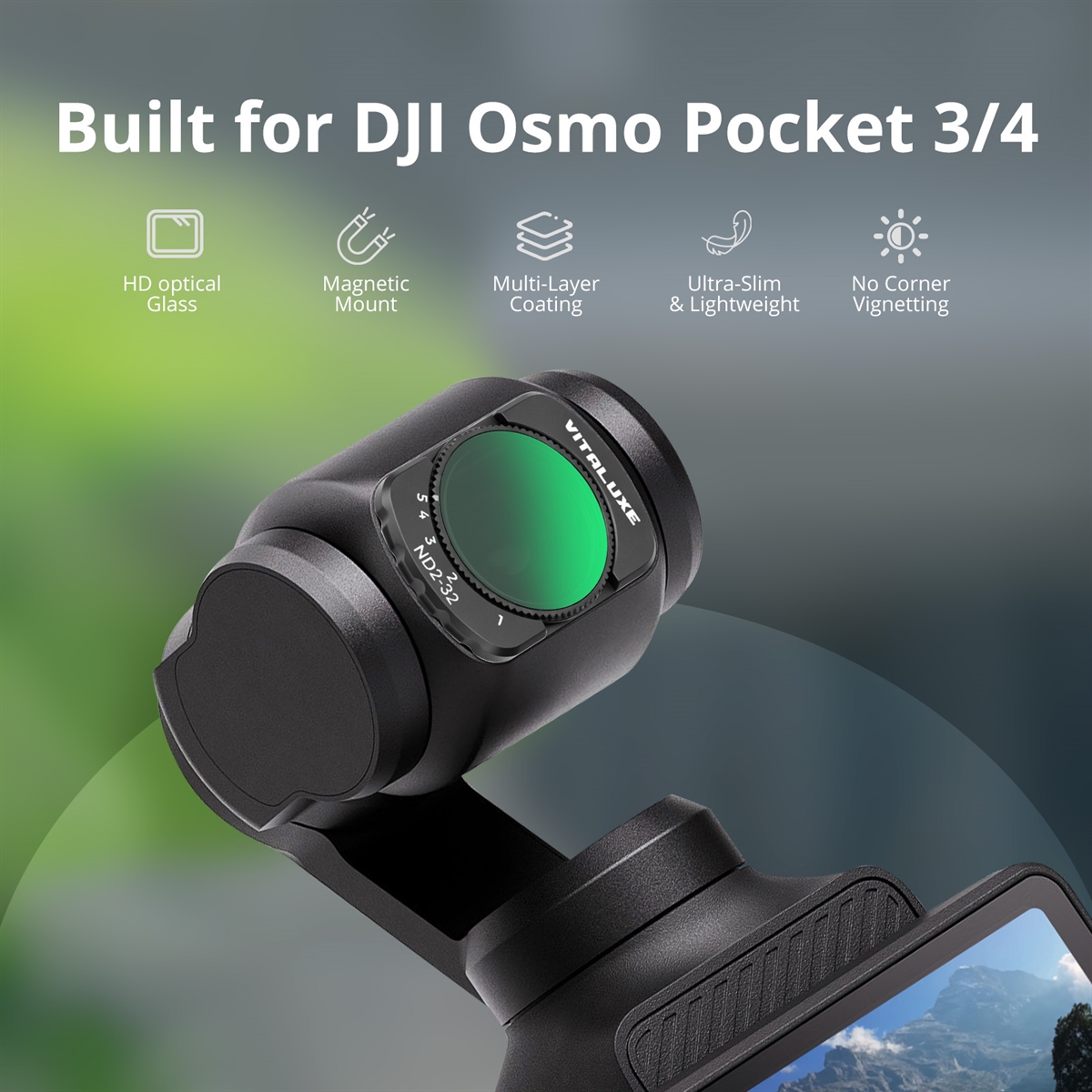 VITALUXE Variable ND 2-32 & ND 32-512 Filter for DJI Osmo Pocket 3 / Osmo Pocket 4, Magnetic Limited Stops Neutral Density Filters, Action Camera Pocket 3/4 Accessories